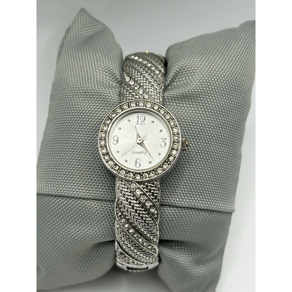Women’s Quartz Bangle Watch Silver Tone Rhinestone Bezel Cuff Style Running